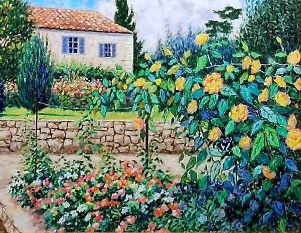 Signed Diane Monett Oil Painting Riviera Roses French Garden