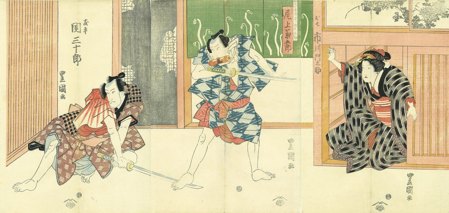 Toyokuni Japanese Woodblock Print Kabuki Triptych Revenge at Mido 3 Sheets