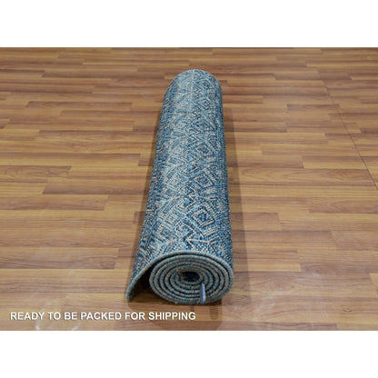 2'8"X8'1" Blue Hand Knotted Kohinoor Repetitive Diamond Wool Runner Rug