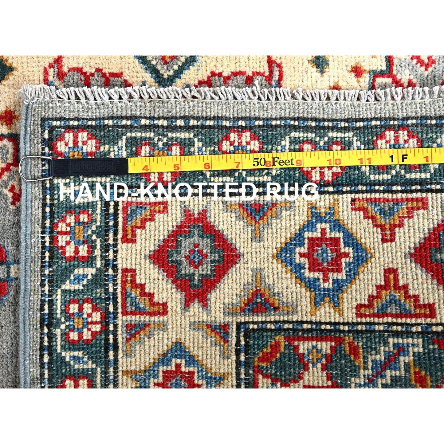 5'1"X7' Gray With Red Kazak Geometric Design Pure Wool Hand Knotted Rug