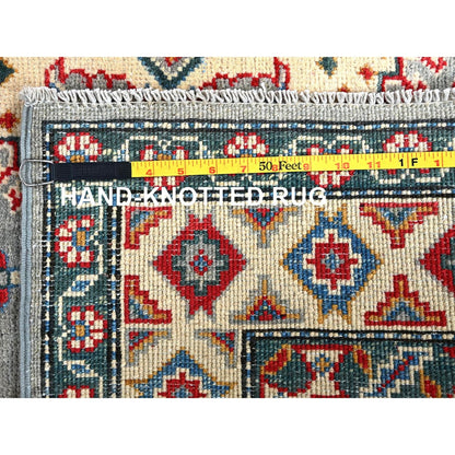 5'1"X7' Gray With Red Kazak Geometric Design Pure Wool Hand Knotted Rug