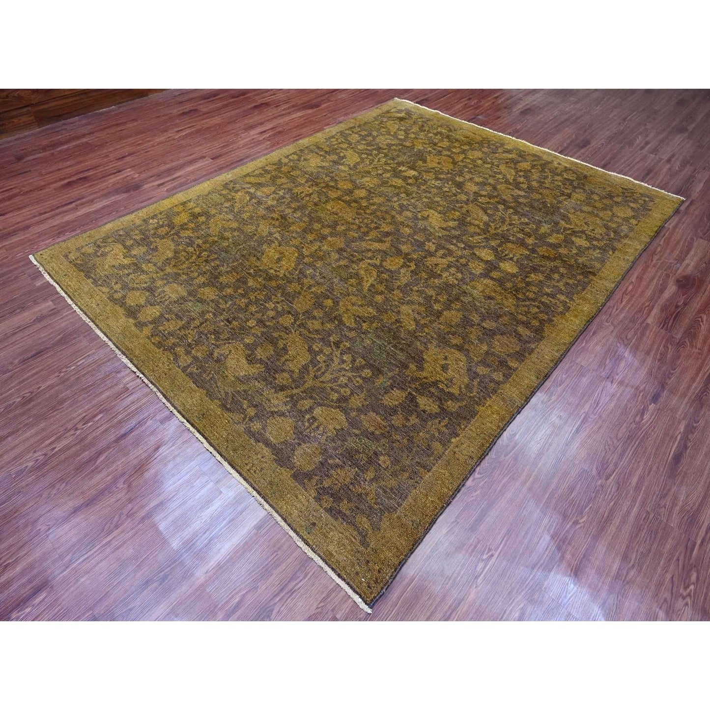7'8"X10'1" Brown Overdyed Design Hunting Scene Pure Wool Hand Knotted Rug