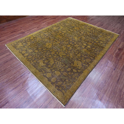 7'8"X10'1" Brown Overdyed Design Hunting Scene Pure Wool Hand Knotted Rug