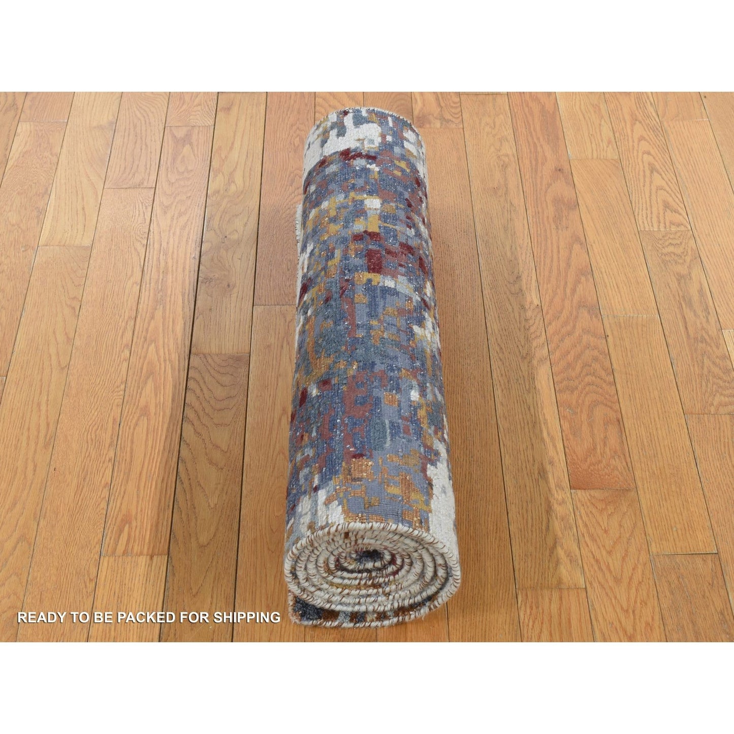 2'7"x8'1" Red Wool and Silk Abstract Design Hand Knotted Runner Rug