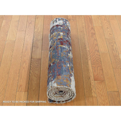 2'7"x8'1" Red Wool and Silk Abstract Design Hand Knotted Runner Rug