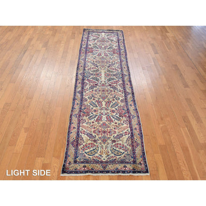 3'X12' Ivory Antique Zoroastrian Karman Wool Runner Rug Hand Knotted