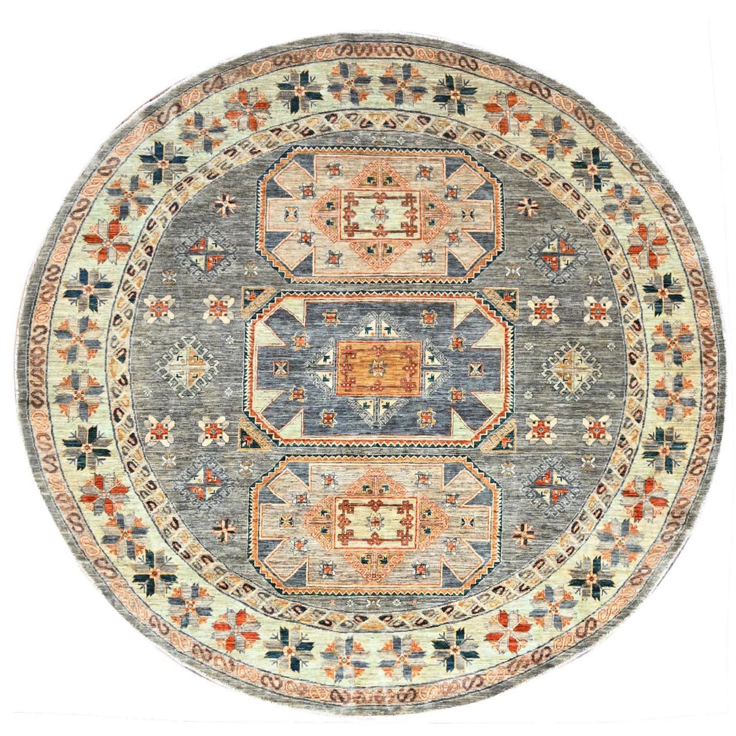 8'X8' Seared Gray Extra Soft Wool Caucasian Design Round Oriental Rug