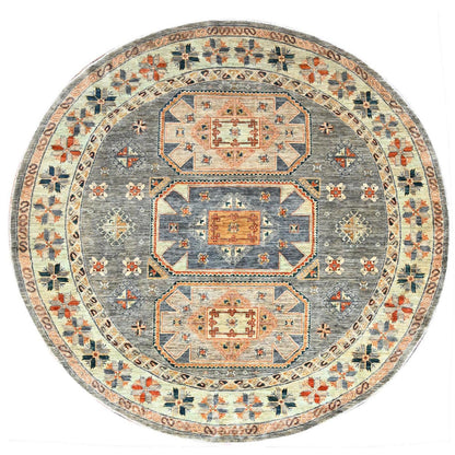 8'X8' Seared Gray Extra Soft Wool Caucasian Design Round Oriental Rug