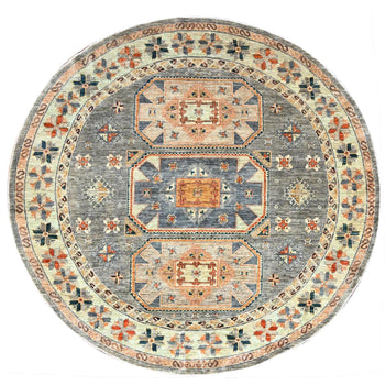 8'X8' Seared Gray Extra Soft Wool Caucasian Design Round Oriental Rug