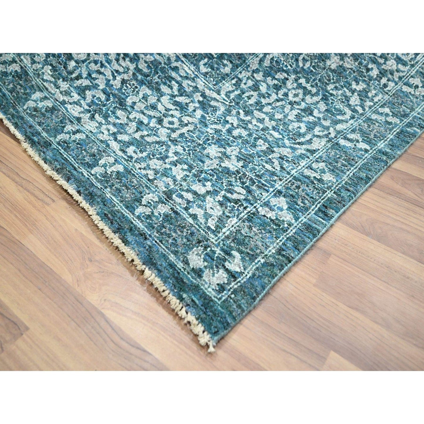 9'X12'1" Teal Pre Historic Mamluk Design Hand Knotted Wool Oriental Rug