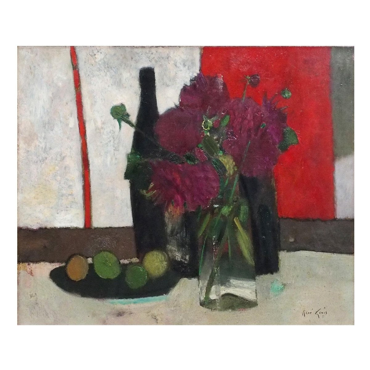 Ren Genis Original Oil Painting Dahlias Signed W/ Back Signature, Still Life