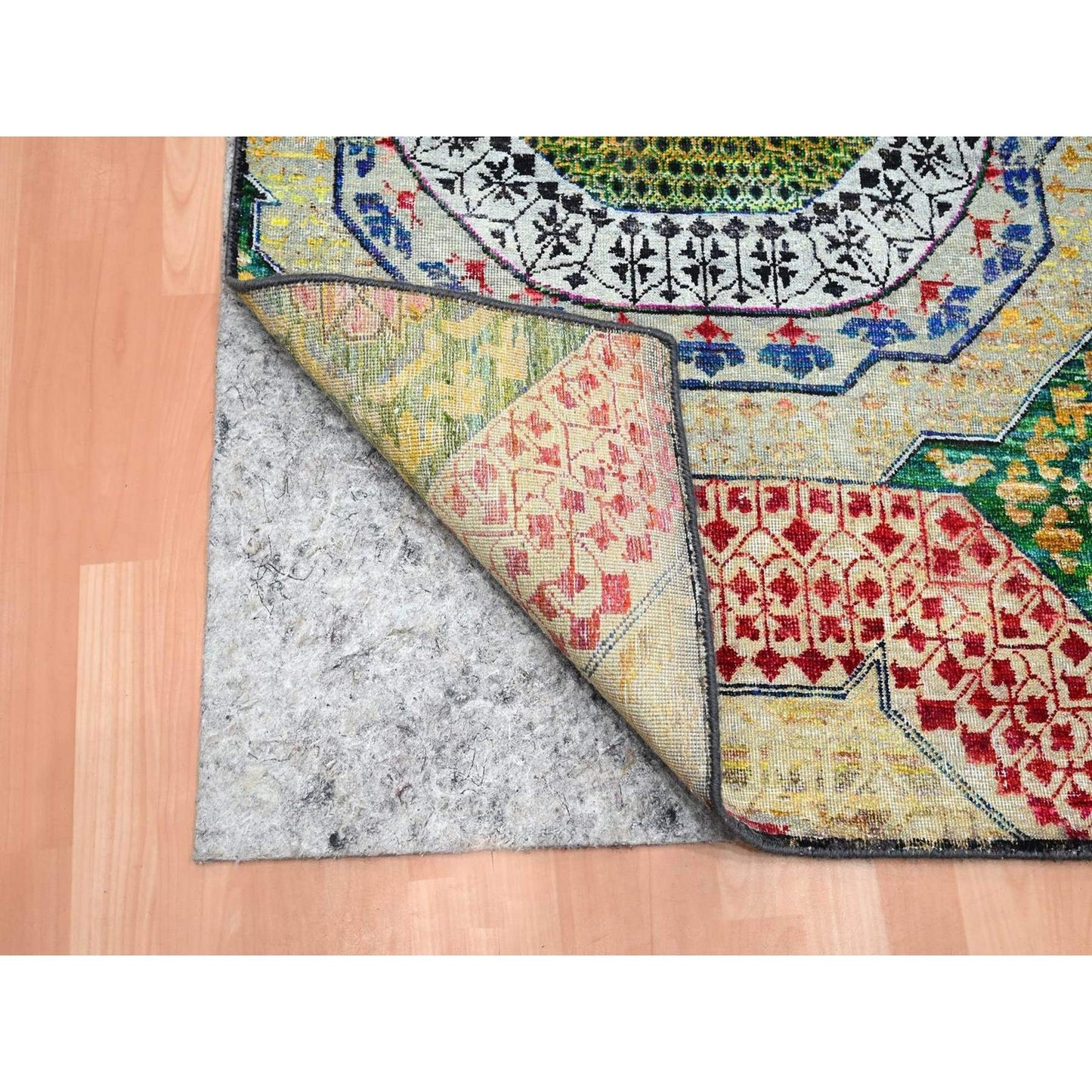 Rug 3'x5'1" Colorful Mamluk Design Silk with Textured Wool Hand Knotted