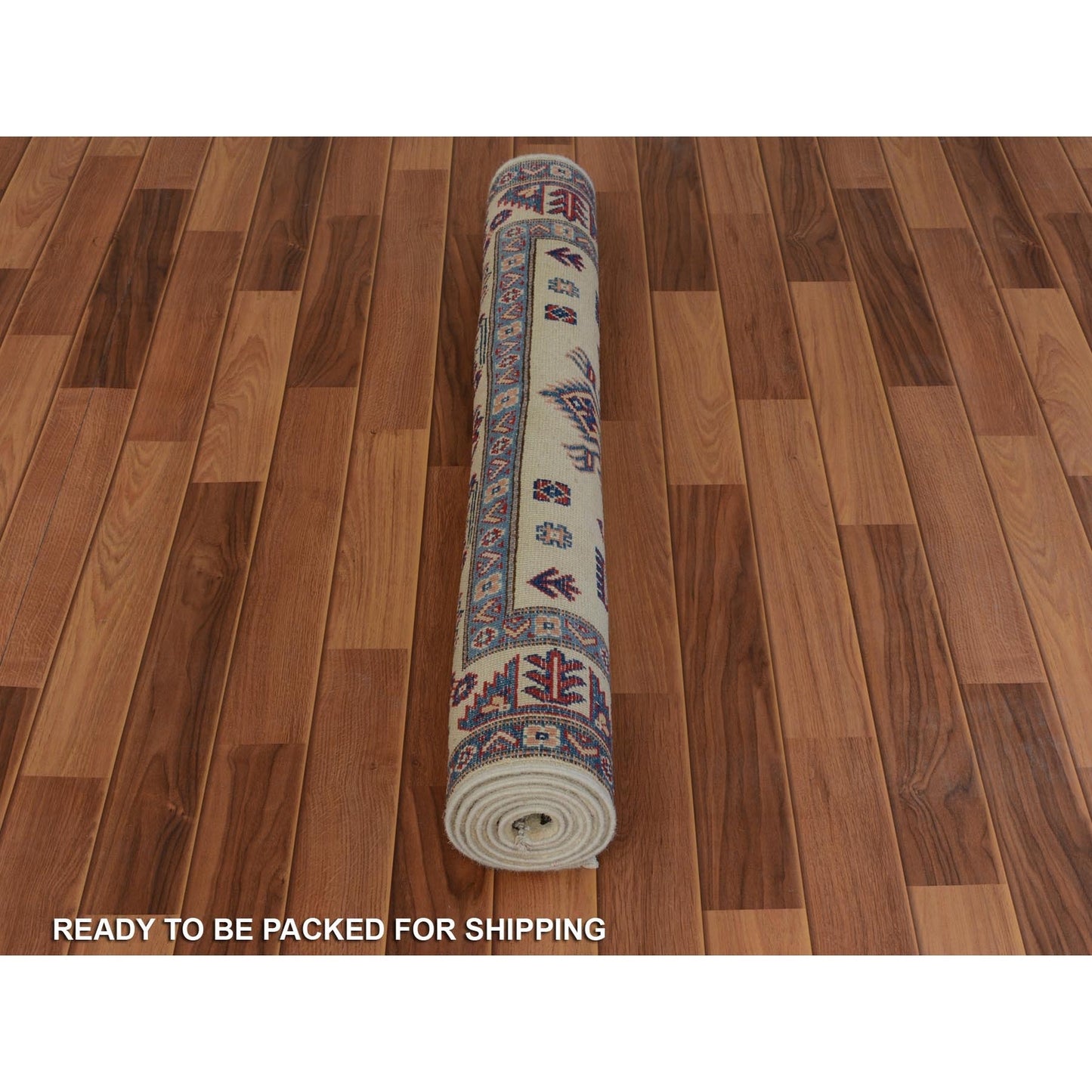 3'10"X6' Ivory Special Kazak Geometric Design Pure Wool Hand Knotted Rug