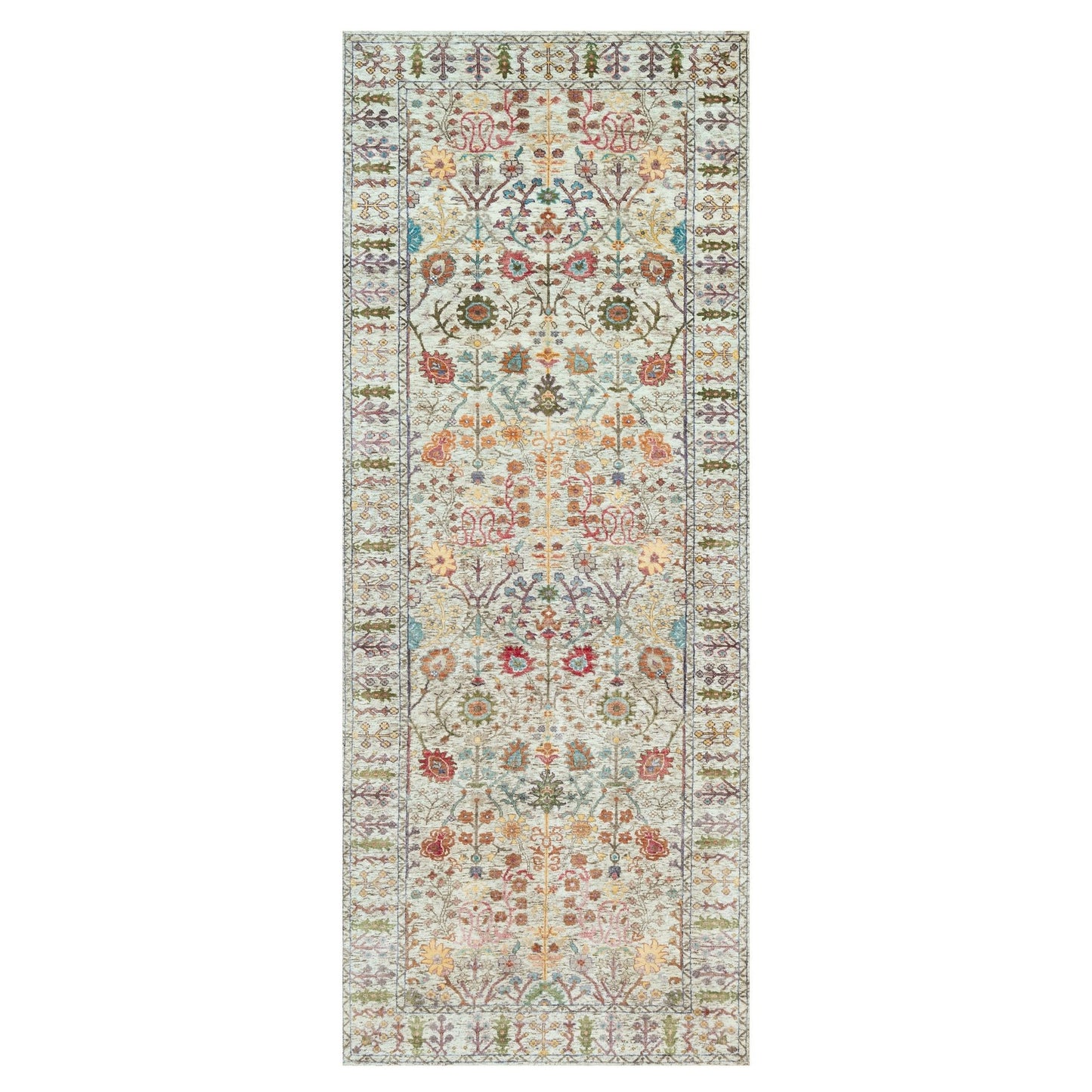4'1"X12' Beige Hand Knotted Vase Design Silk And Wool Wide Runner Rug