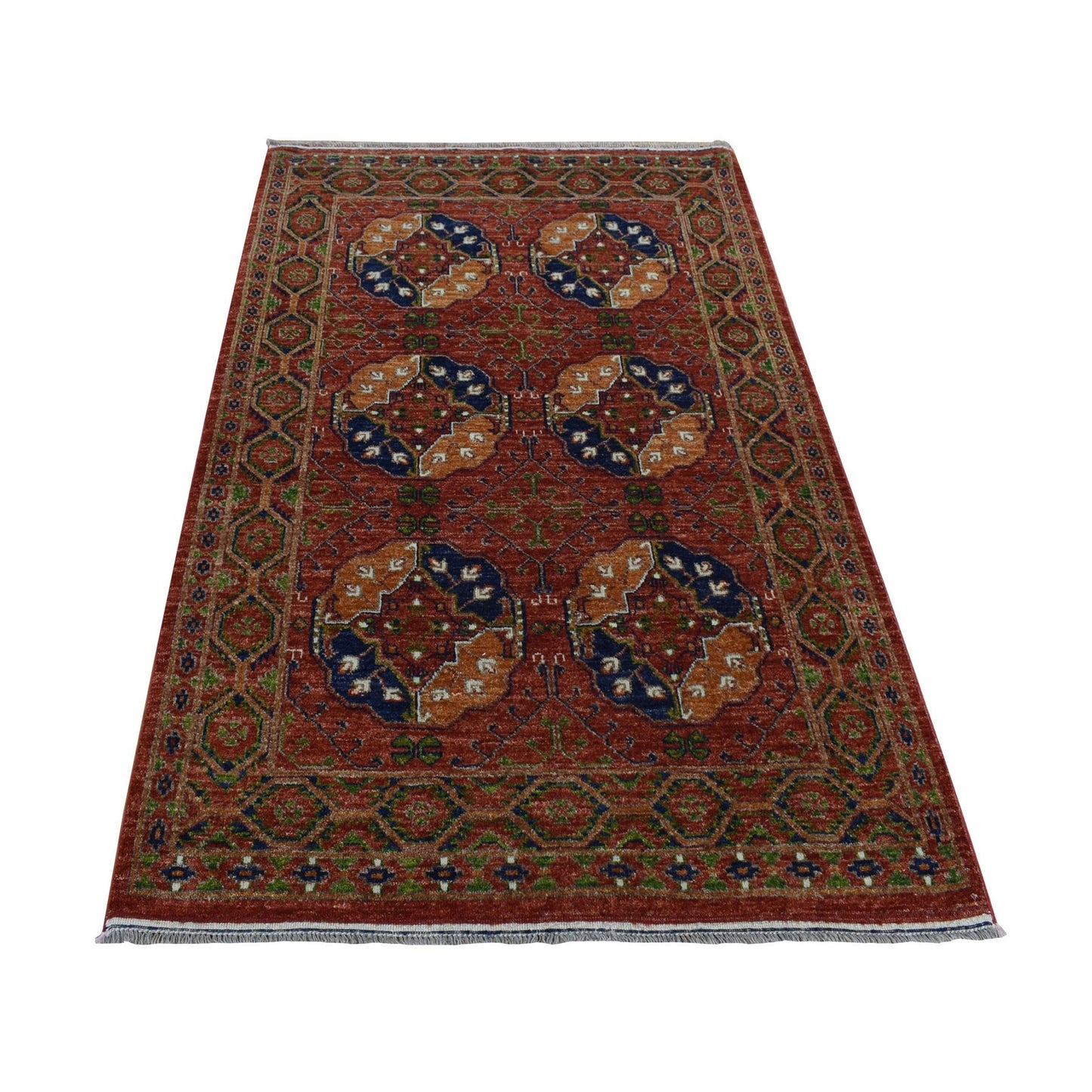 4'1"X6'2" Barn Red Ghazni Wool Afghan Ersari Design Hand Knotted Rug