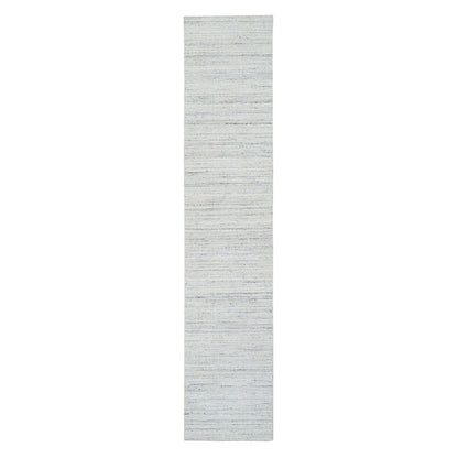 2'6"X11'10" Ivory Hand Loomed Plain Modern Striae Design Wool Runner Rug