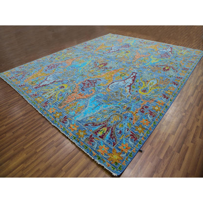12'3"X15' Blue 100% Wool Colorful Oushak Weave Hand Knotted Oversized Rug