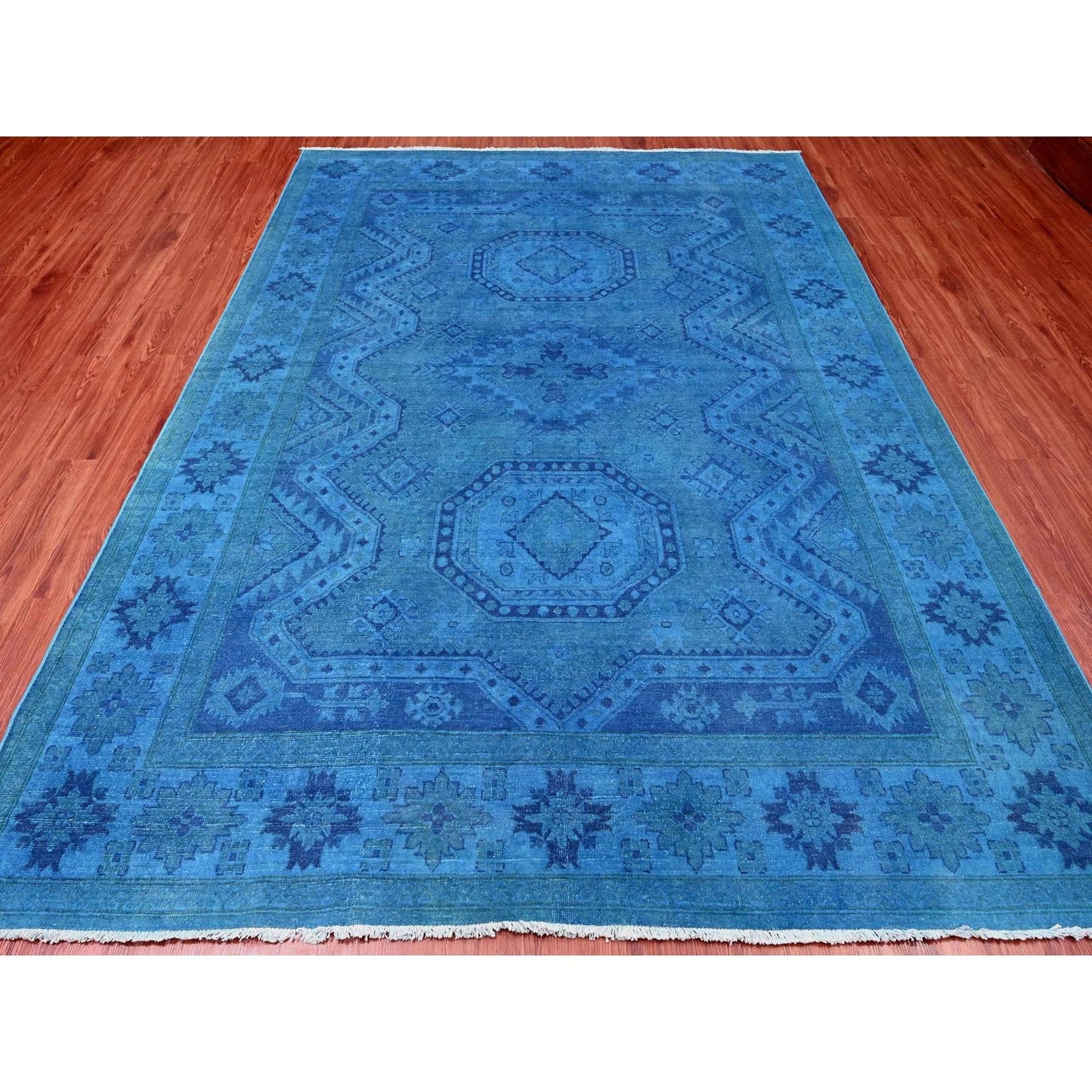 7'8"X10'1" Blue Hand Knotted Overdyed Kazak Geometric Design All Wool Rug
