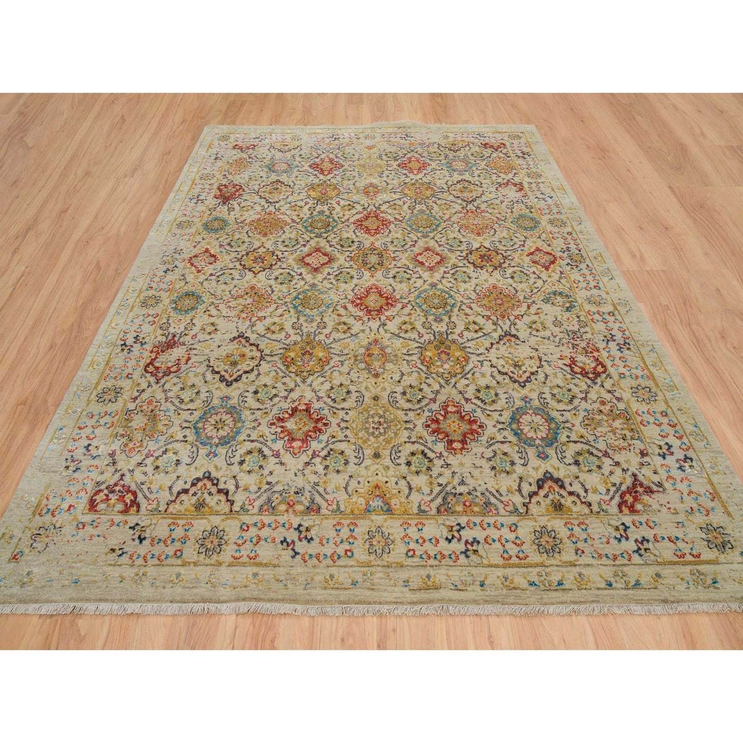 8'2"X10'2" Beige The Sunset Rosettes Hand Knotted Wool And Silk Rug