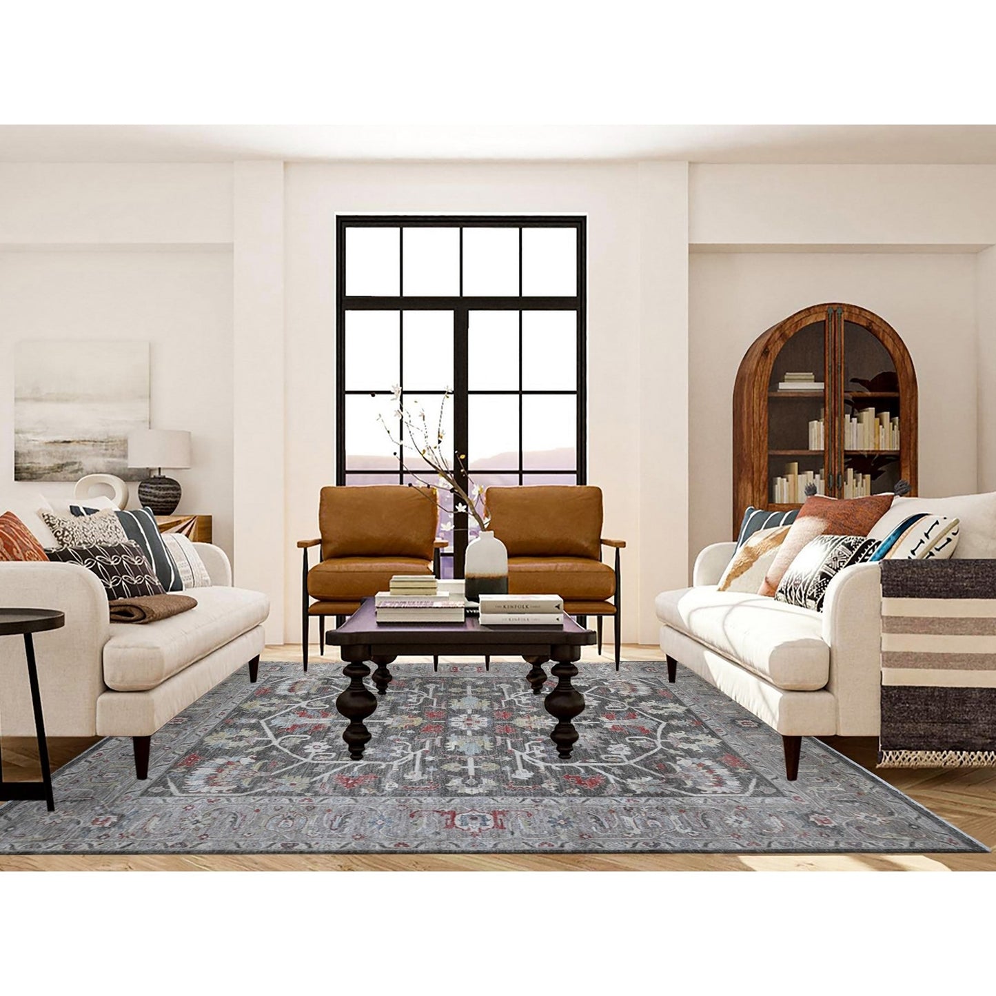 8'X9'7" Abbey Black Hand Knotted Wool Fine Aryana Heris Oriental Rug