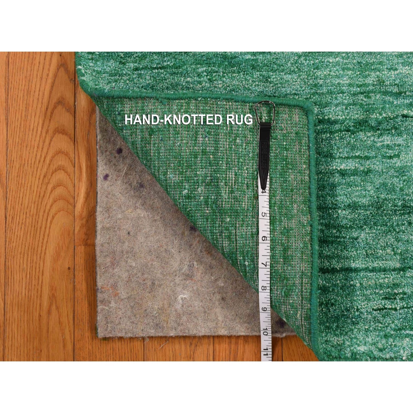 Solid Design Sample Silk Hand Knotted Mat Rug Green Plain 2'x3'1