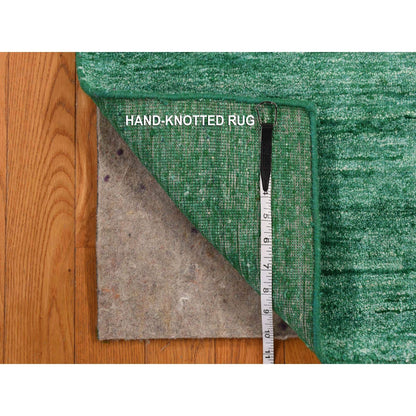 Solid Design Sample Silk Hand Knotted Mat Rug Green Plain 2'x3'1