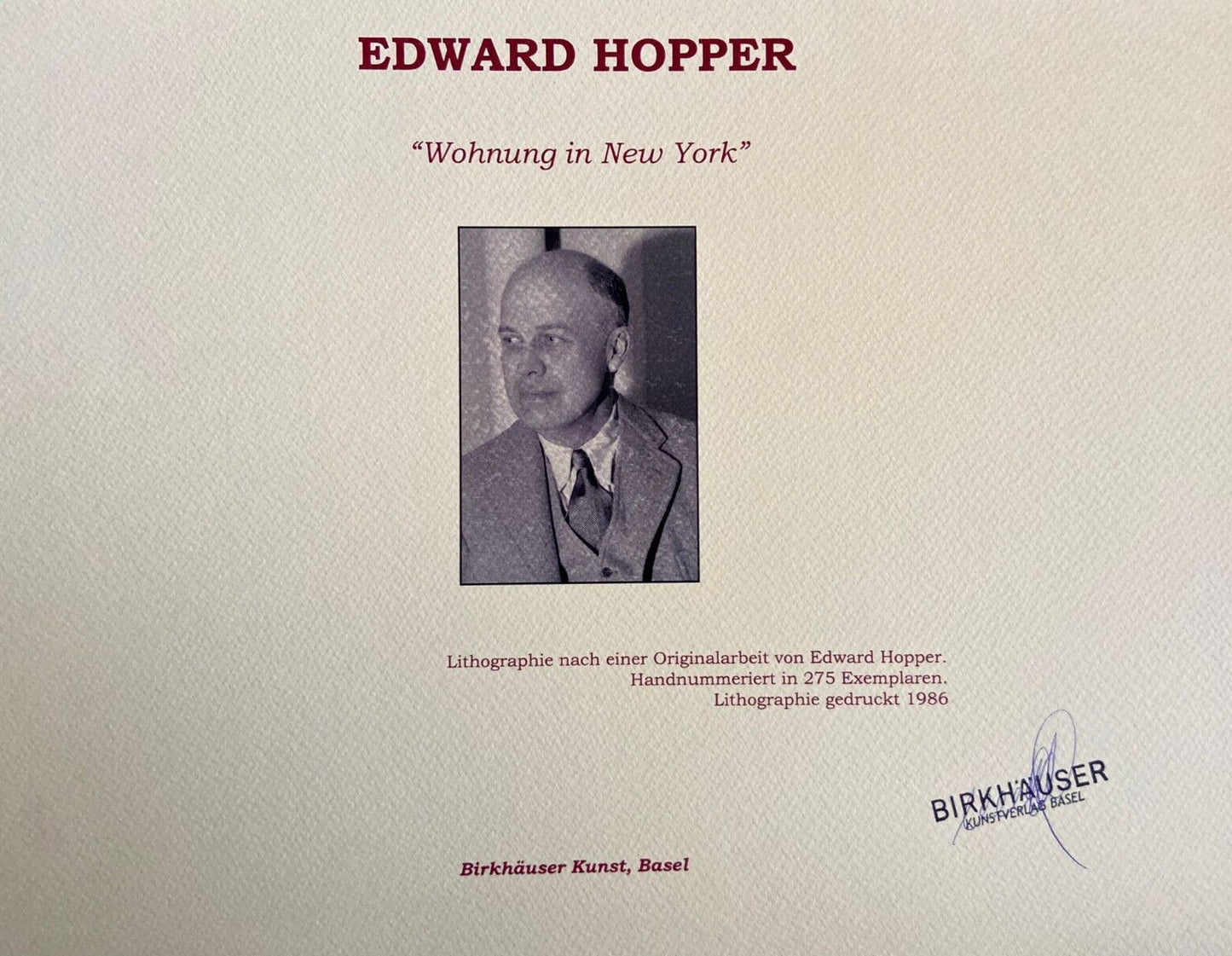 Edward Hopper Lithograph Coa Certificate Signed