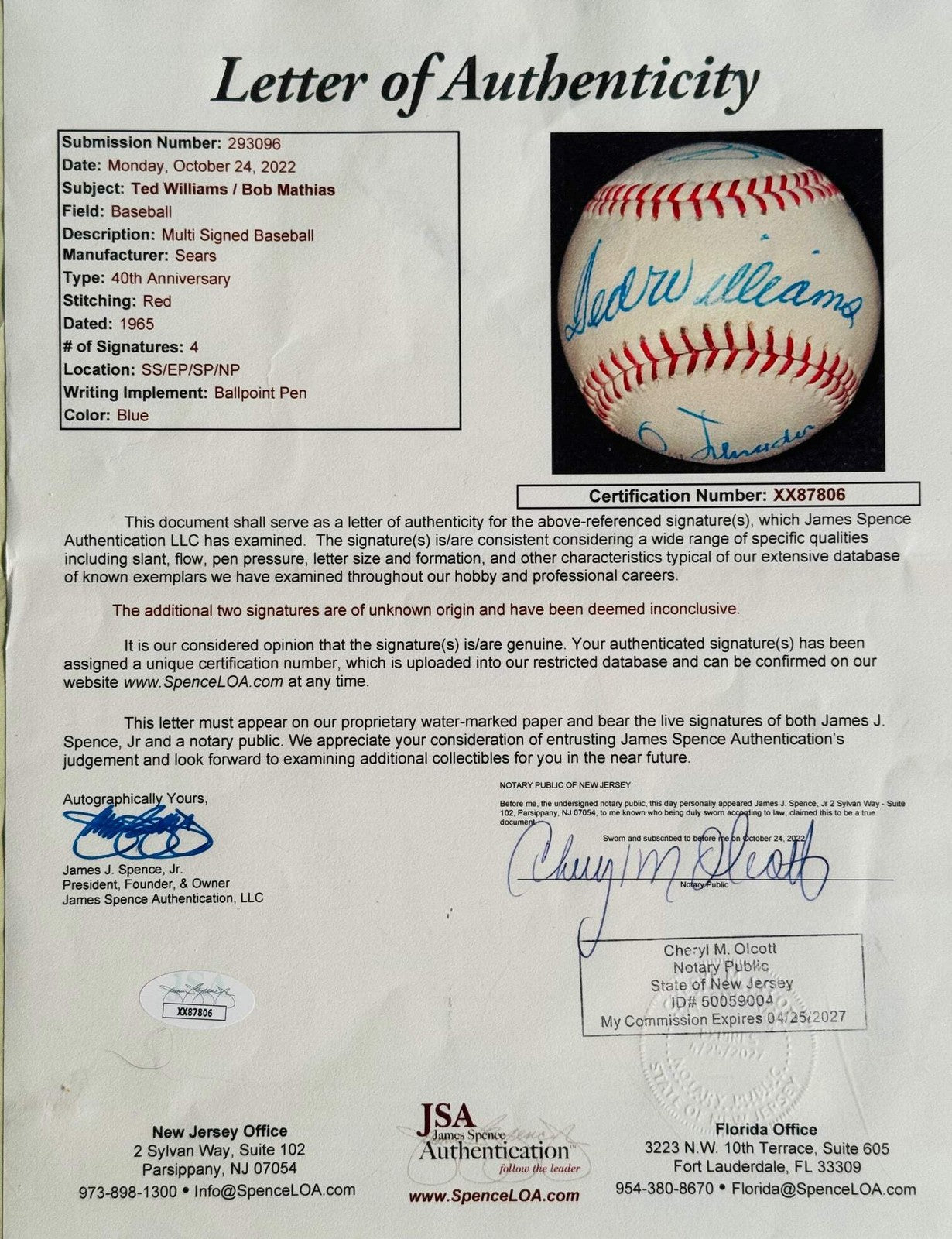 Ted Williams Autographed Sears 40Th Anniversary Baseball (Jsa)