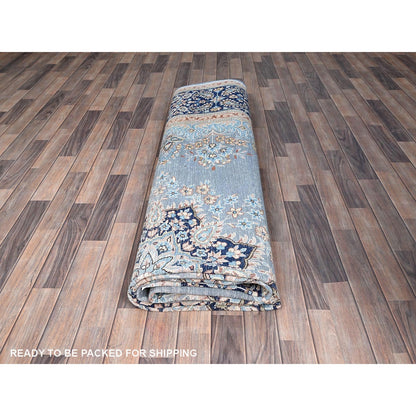 10'X12'9" Blue Worn Down Shiny Wool Cropped Thin Cleaned Oriental Rug