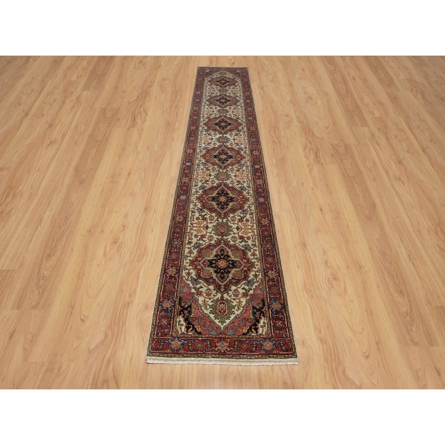 2'8"X14'3" Ivory Antiqued Heris Re-Creation Hand Knotted Wool Runner Rug