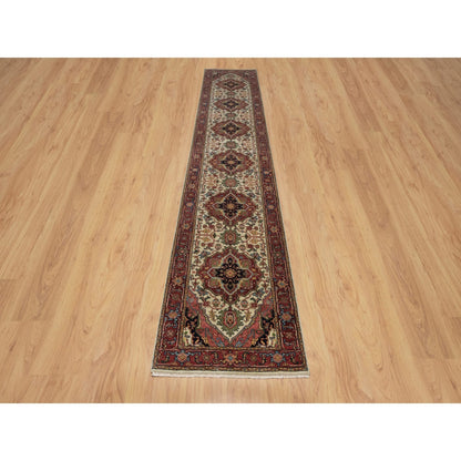 2'8"X14'3" Ivory Antiqued Heris Re-Creation Hand Knotted Wool Runner Rug