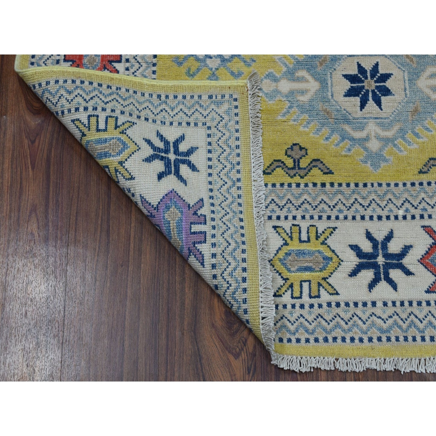 4'X6'4" Colorful Yellow Fusion Kazak Pure Wool Hand Knotted Oriental Rug