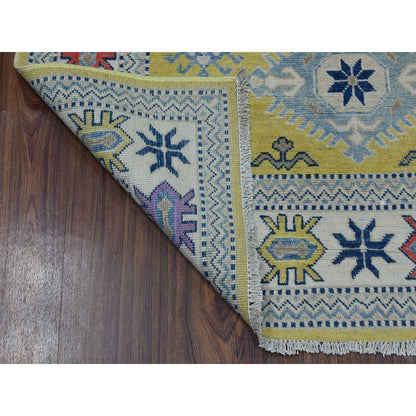 4'X6'4" Colorful Yellow Fusion Kazak Pure Wool Hand Knotted Oriental Rug