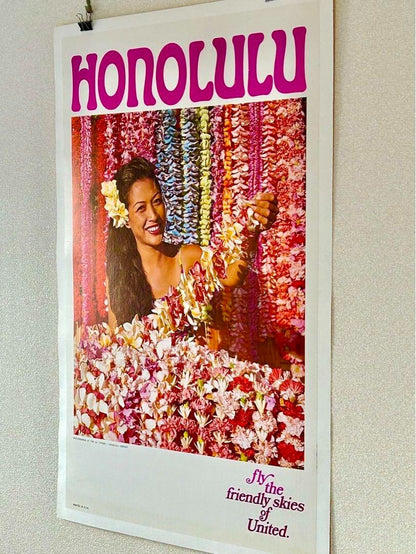 Original Vintage Poster United Airlines Hawaii Hawaiian Lei Beautiful Girl