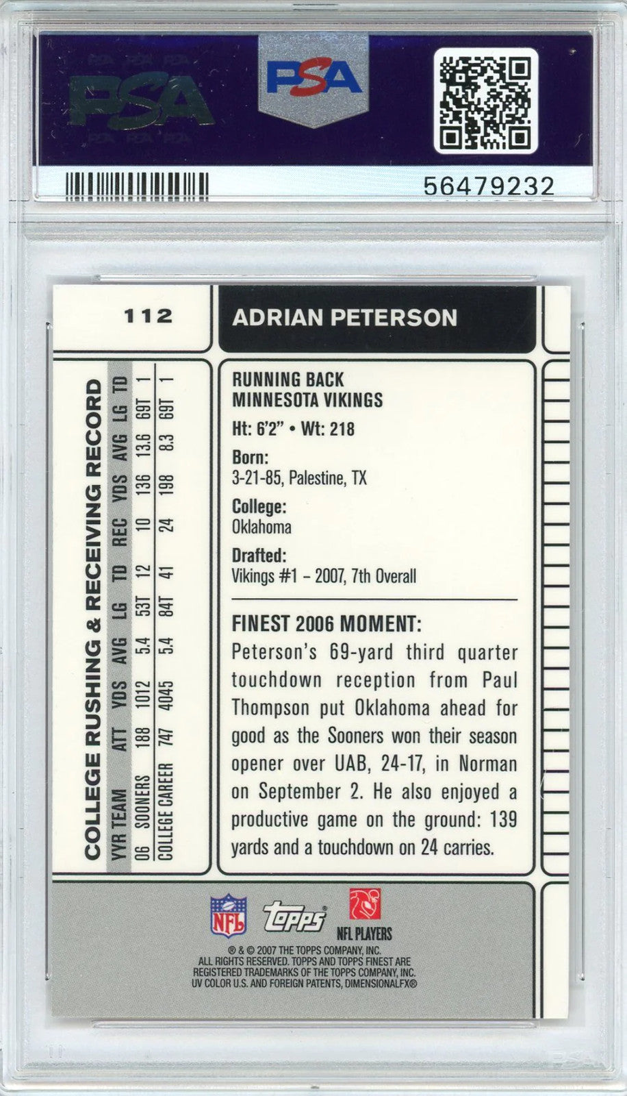 Adrian Peterson 2007 Topps Finest Rookie Card #112 (Psa)