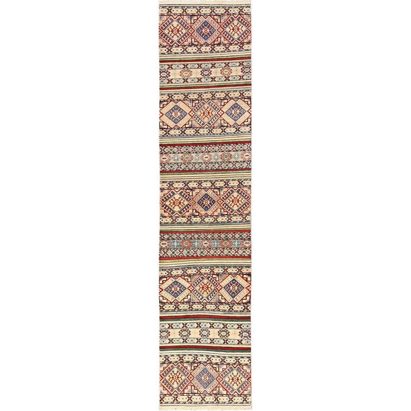 2'10"X13' Ivory Kazak With Geometric Pattern Hand Knotted Wool Runner Rug