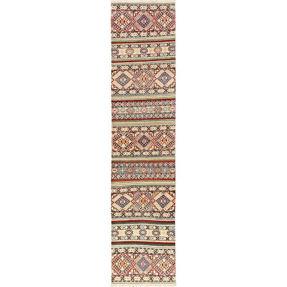 2'10"X13' Ivory Kazak With Geometric Pattern Hand Knotted Wool Runner Rug