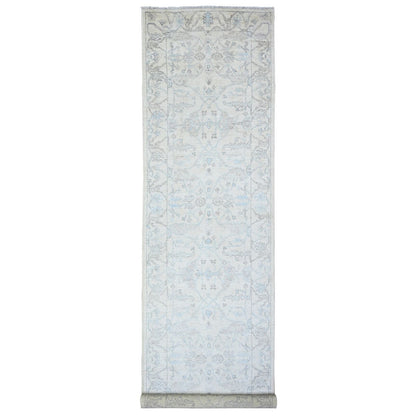 4'X16'1" Lily White Hand Knotted Faded Angora Oushak Wide Runner Rug