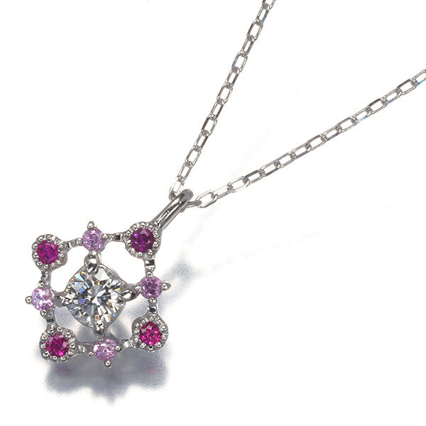 Diamond 0.205Ct Pink Sapphire 0.16Ct Milgrain Necklace 900 850 Platinum