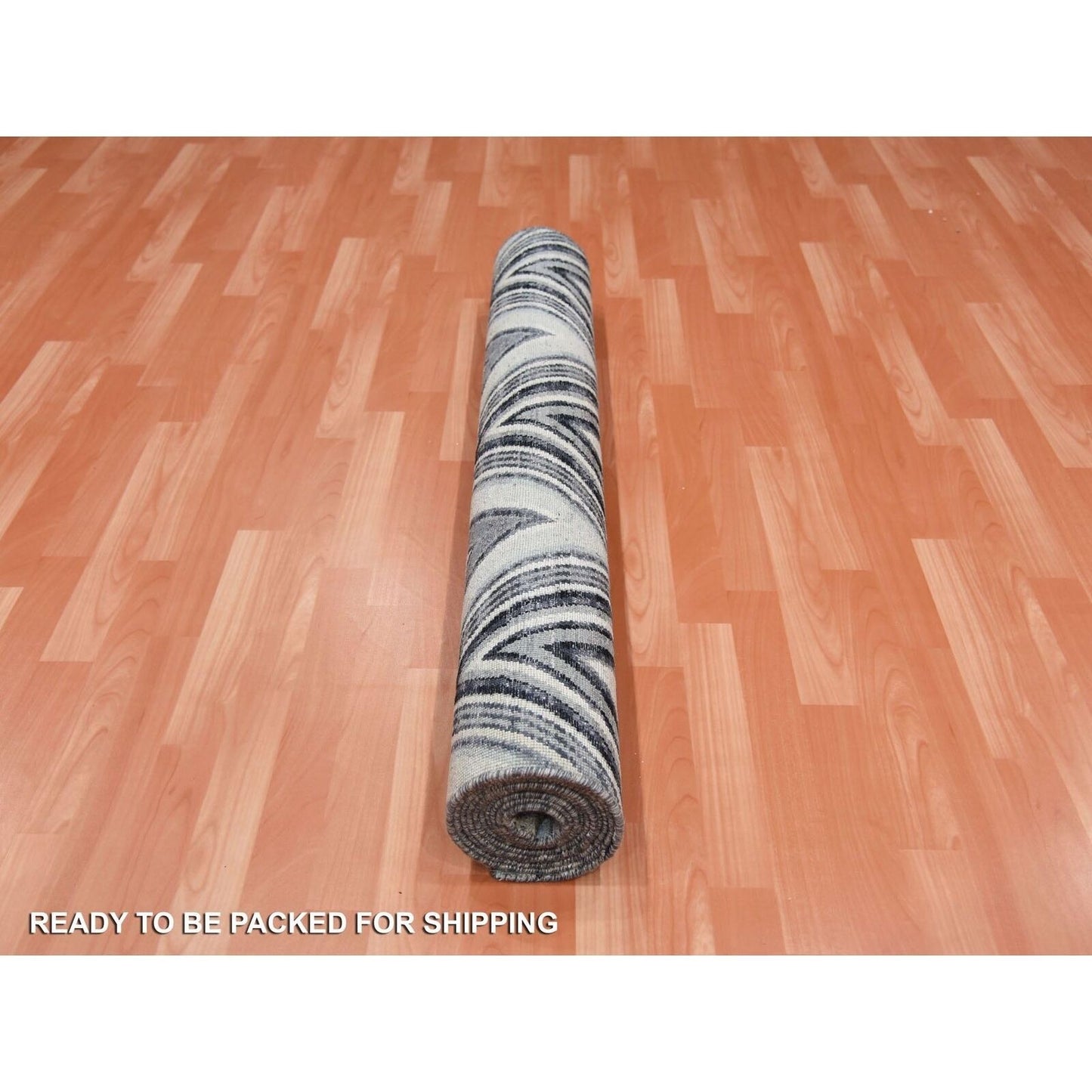 4'2"X12'4" Ivory Modern Textured Wool-Pure Silk Hand Knotted Runner Rug