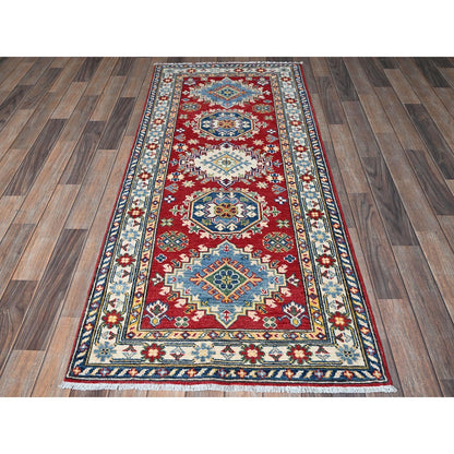 2'9"X6'4" Red Kazak With Medallion Design Hand Knotted Soft Wool Runner Rug