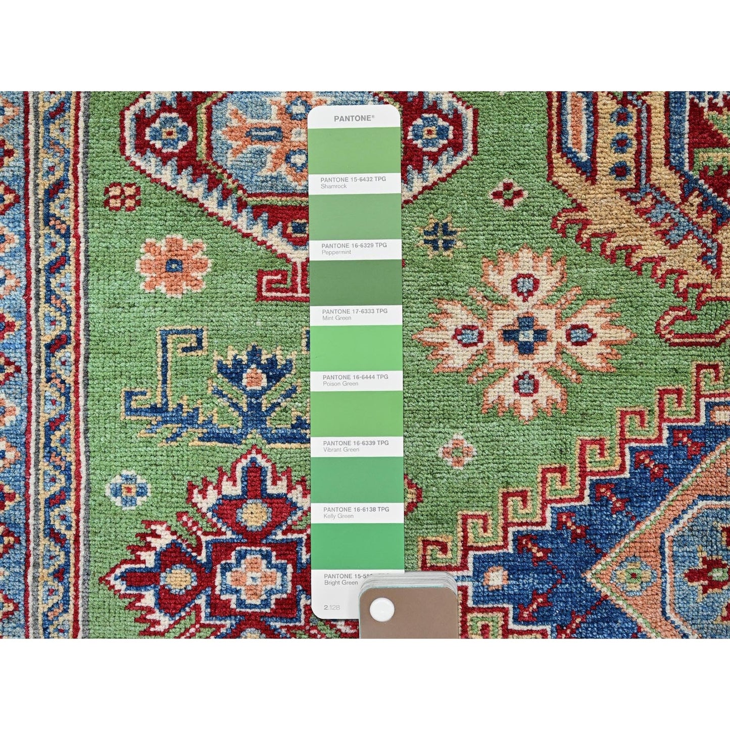 5'4"X6'8" Green Kazak Geometric Medallions Design Hand Knotted Wool Rug