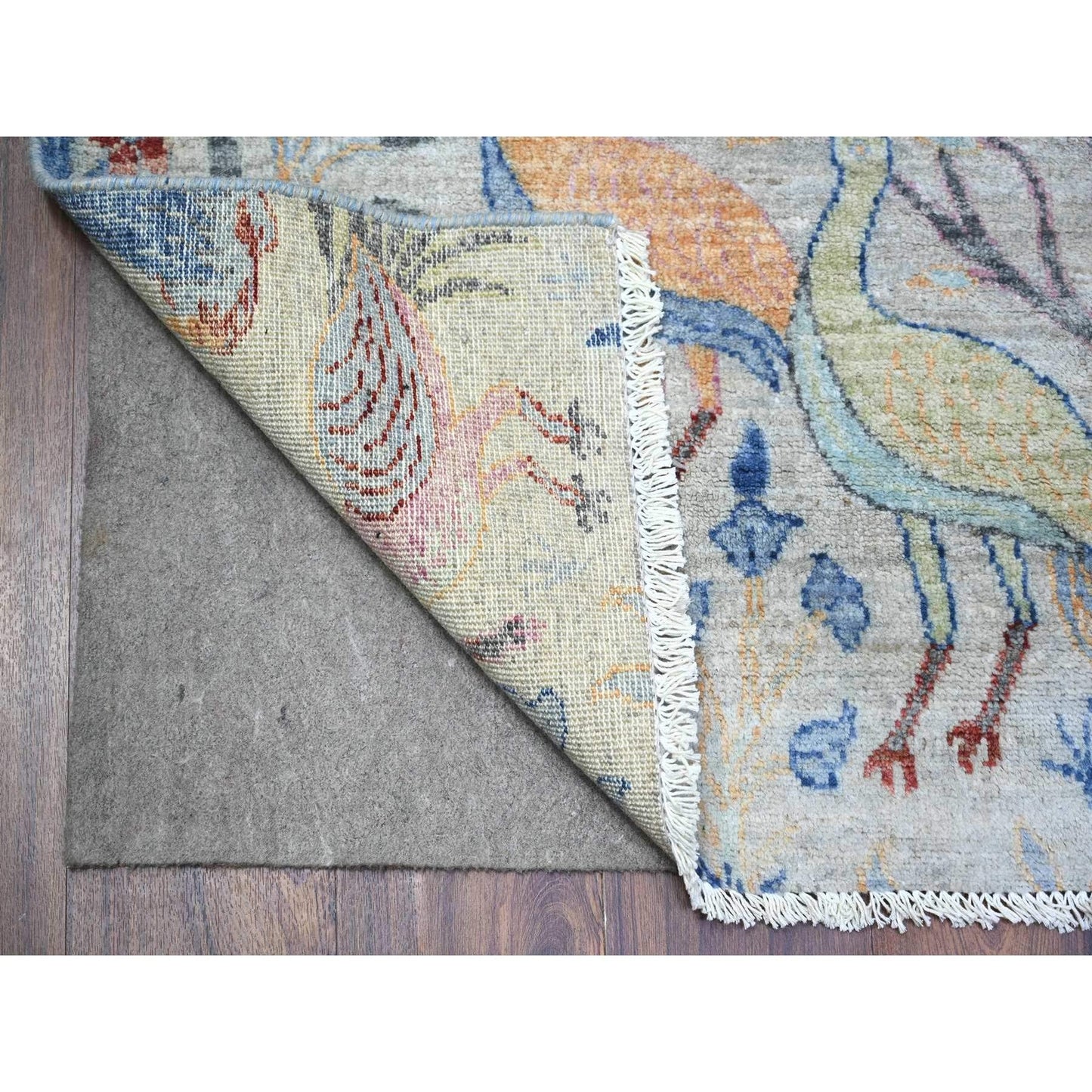 4'1"X12' Gray Organic Wool Hand Knotted Afghan Peshawar Wide Runner Rug