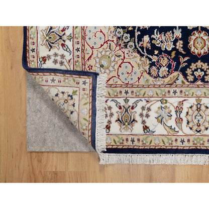 5'X5' Blue Wool And Silk Hand Knotted Nain With Flower Design Square Rug