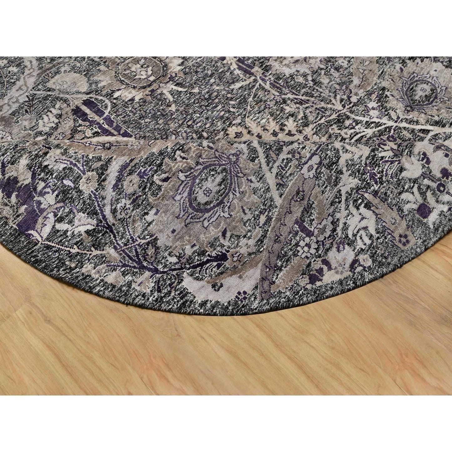 8'X8' Brown Hand Knotted Wool And Silk Sickle Leaf Round Oriental Rug