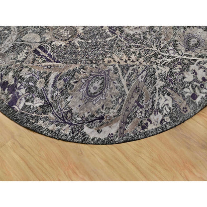8'X8' Brown Hand Knotted Wool And Silk Sickle Leaf Round Oriental Rug
