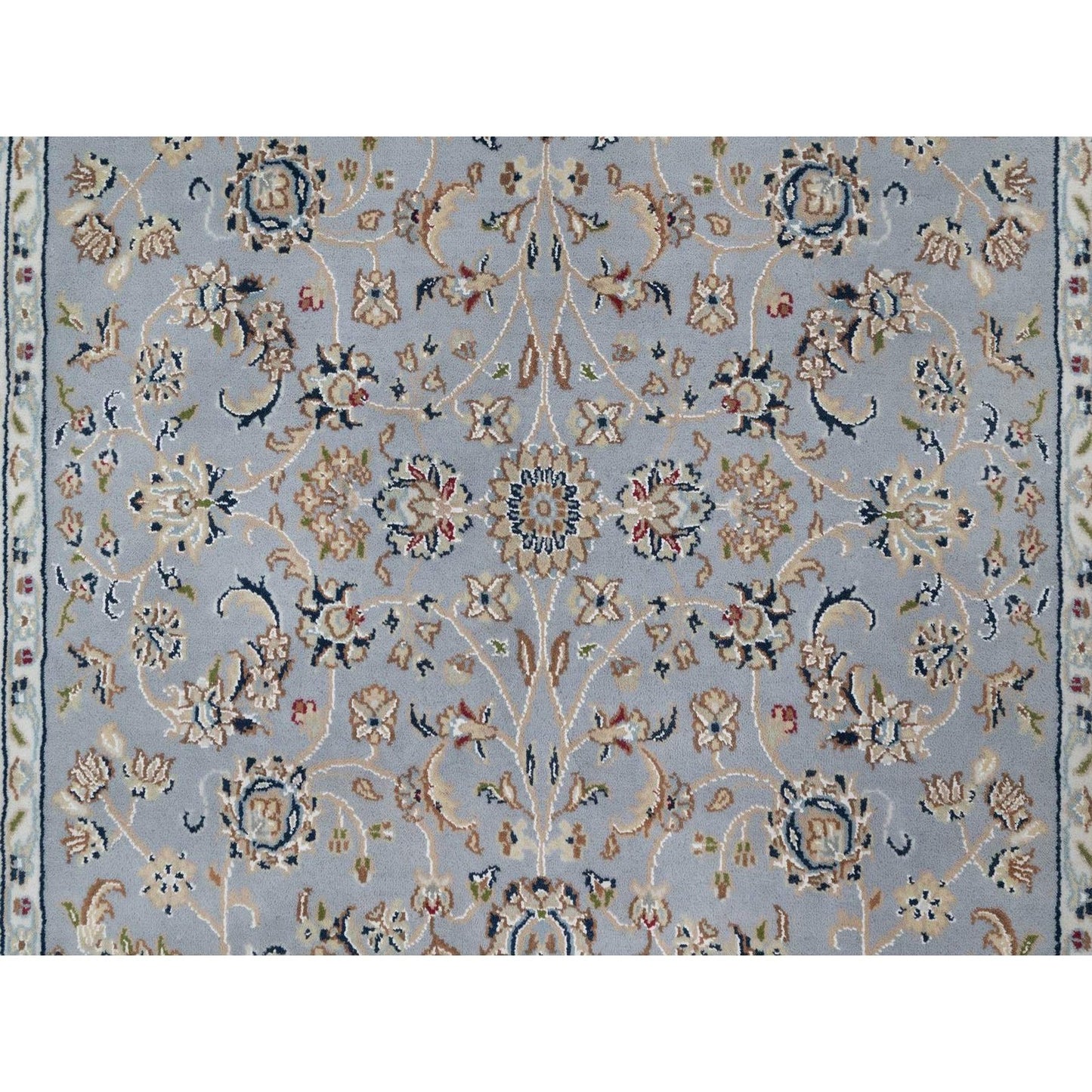 4'3"X6'4" Light Blue Wool And Silk Nain Flower Design Hand Knotted Rug