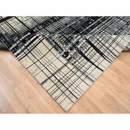 8'2"X9'9" Black Modern Lines Design Ghazni Wool Hand Knotted Rug