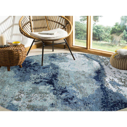 10'4"X10'4" Blue Abstract Design Hand Knotted Round Wool Oriental Rug