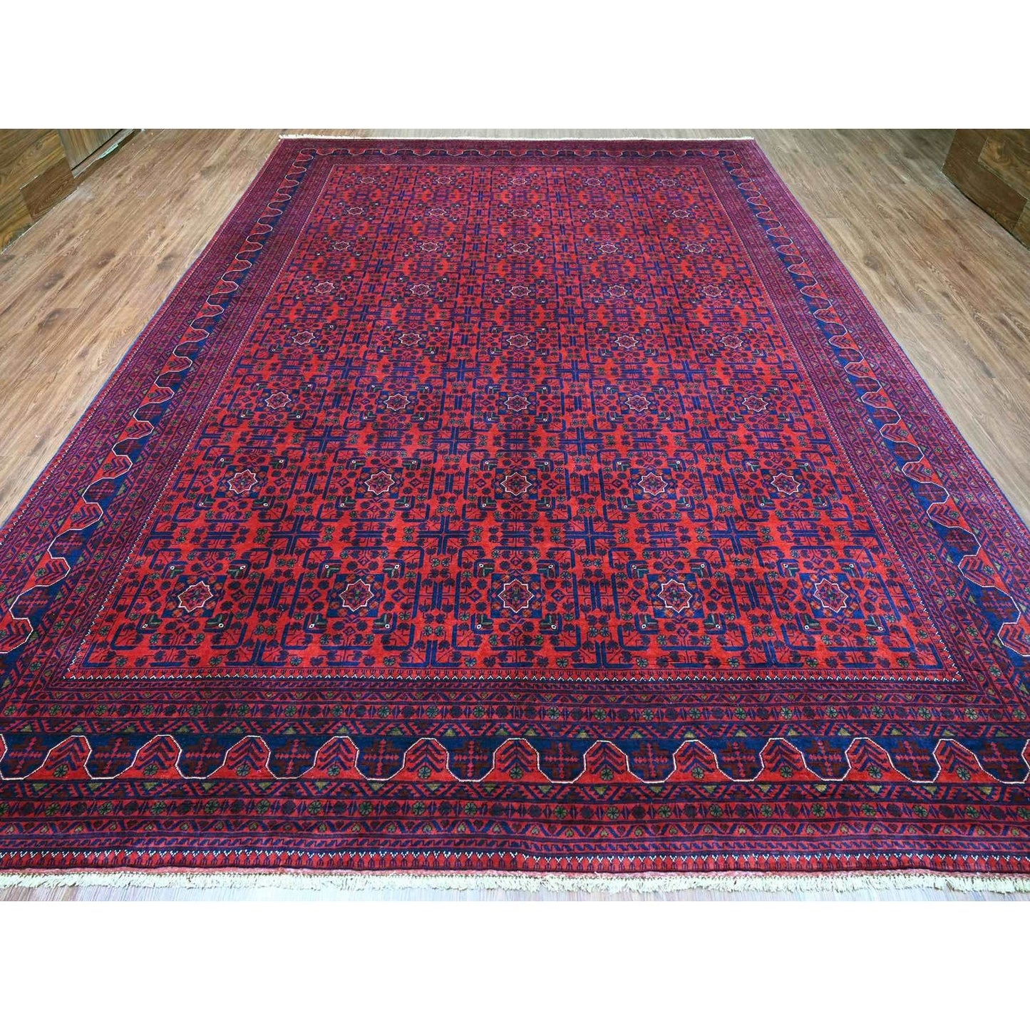 10'X13'6" Deep Red Afghan Khamyab Star Design 100% Wool Hand Knotted Rug
